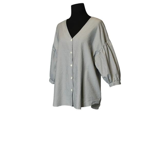 Moussy gray white striped 3/4 sleeves blouse size Free Size - Picture 10 of 16